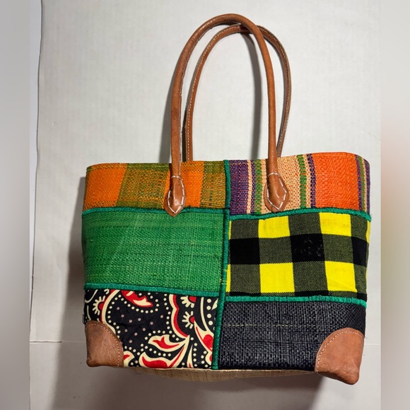 Colorful Patchwork straw tote bag - Picture 1 of 8